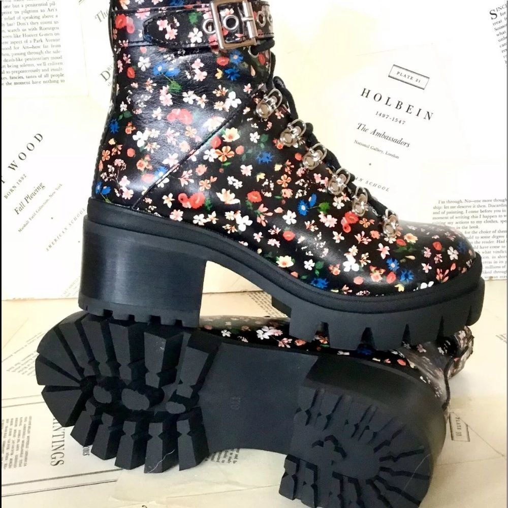 Jeffrey Campbell Combat Boot Black Floral Leather - Picture 3 of 7